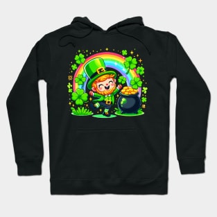 A cute Irish Lad dancing an Irish jig celebrates St Patrick's Day with a rainbow pot of gold and shamrocks Irish Pride Irish American four leaf clovers Irish dance Hoodie